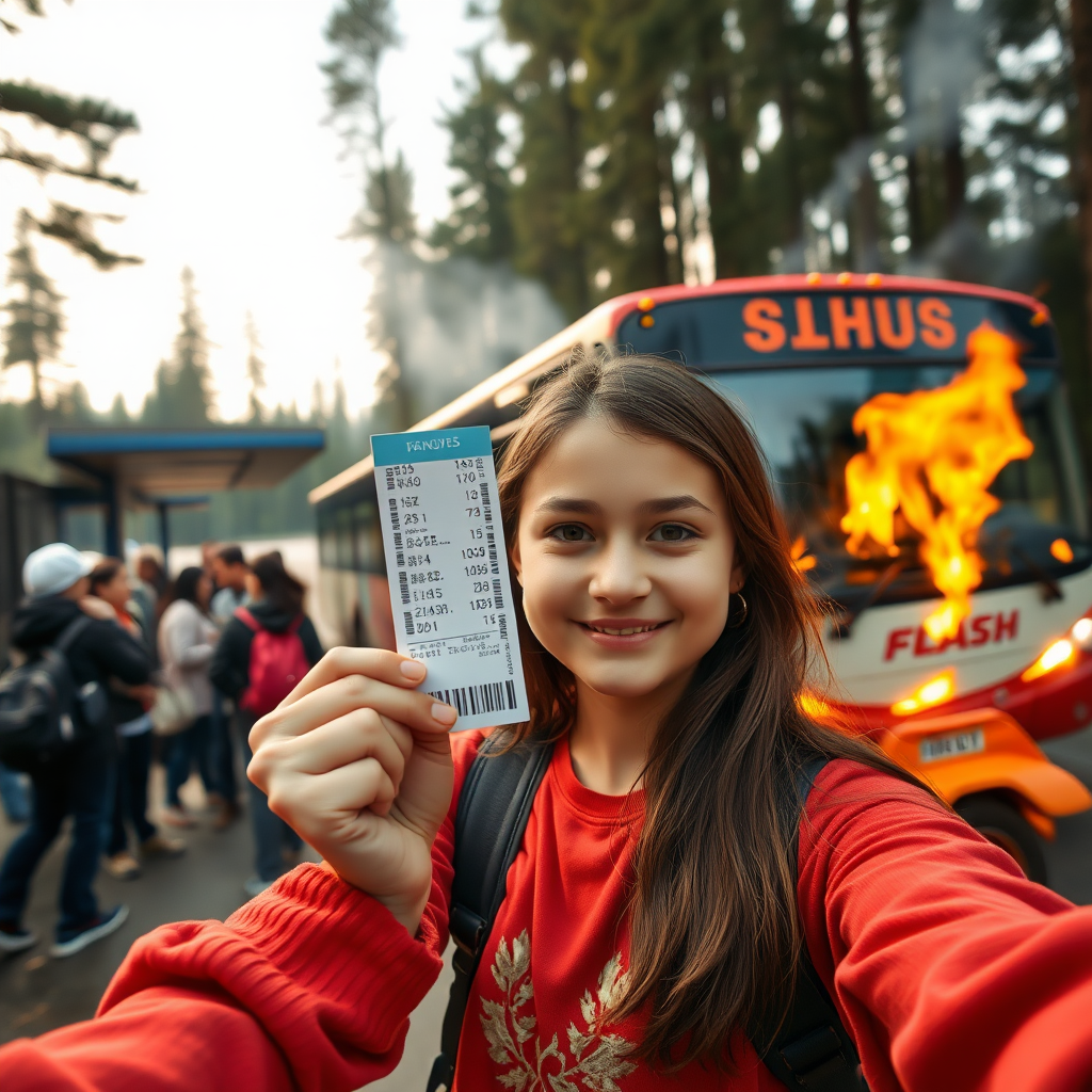 natural selfie of a girl holding up a bus ticket. She stands at a crowded bus stop near a lake in the forest. In the background, a bus labelled "FLASH" is speeding to the bus stop. The bus is burning and leaves traces of fire and oil.