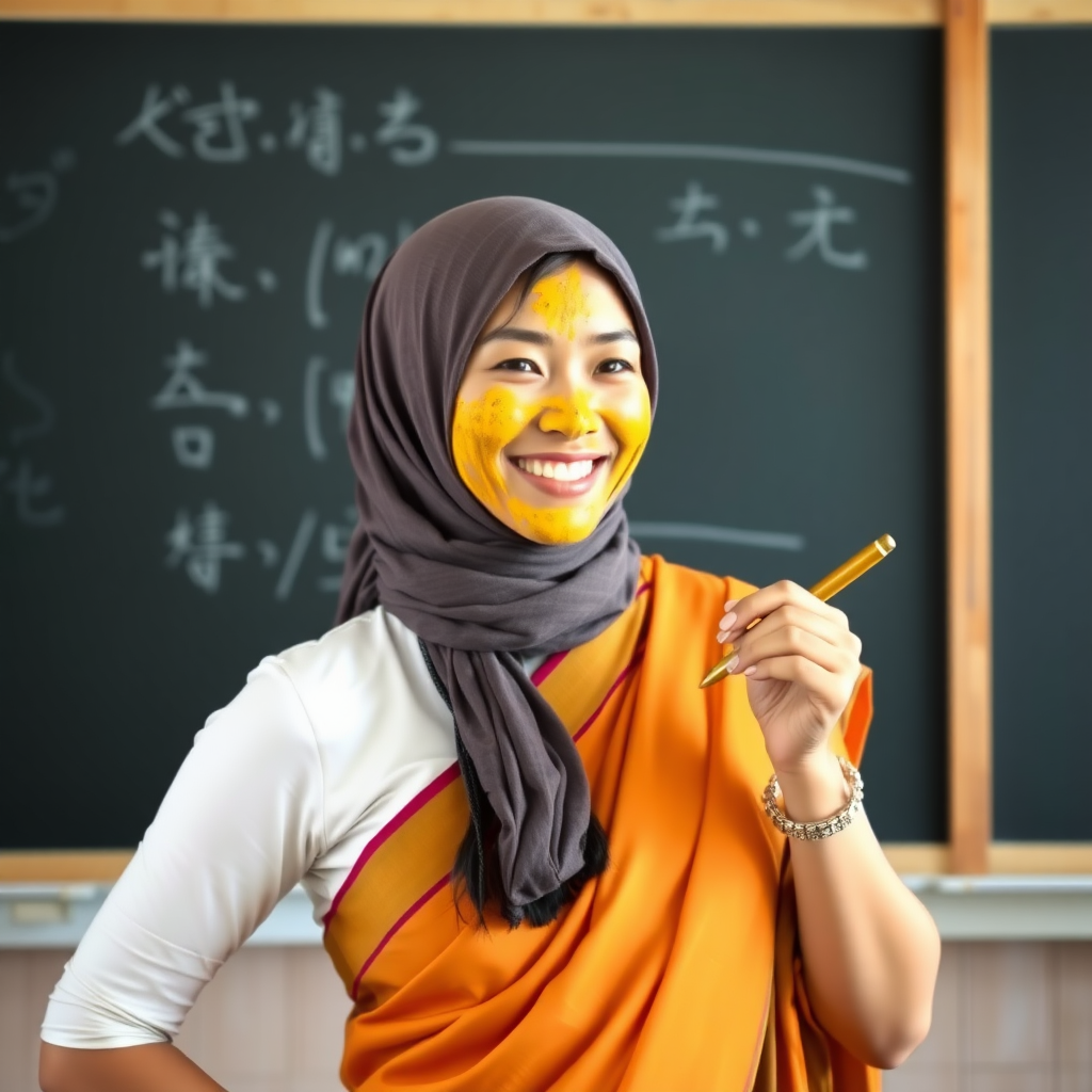 slim, 30 year old, sexy, chinese female school teacher, saree, scarf head, turmeric face mask. She is smiling and teaching on a blackboard