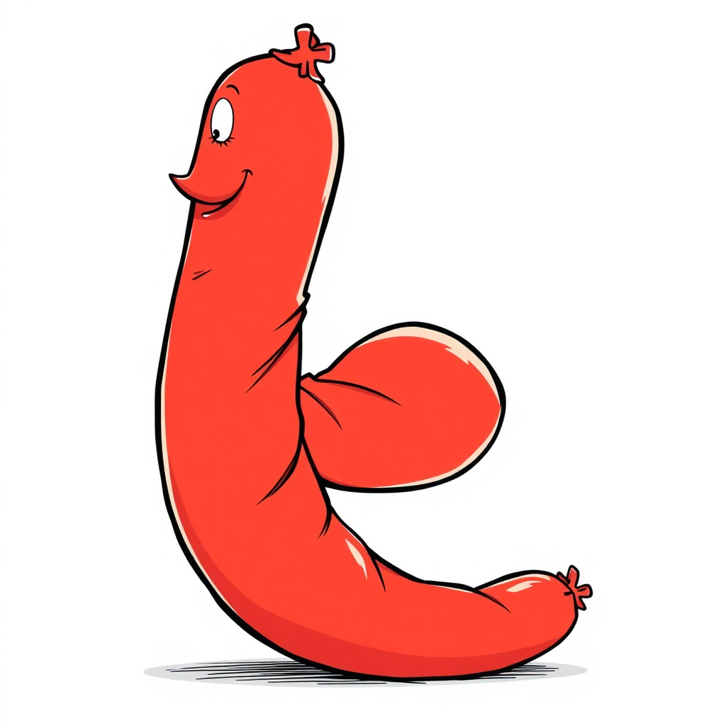 a red sausage, tense fabric, massive protruding bulge on one side of the balloon, side view, 2D, caricature, cartoon, Sketch lines, coloring book, coloring book style on white background, well composed, clean coloring book page, No dither, no gradient, strong outline, No fill, No solids, vector illustration, realistic proportions