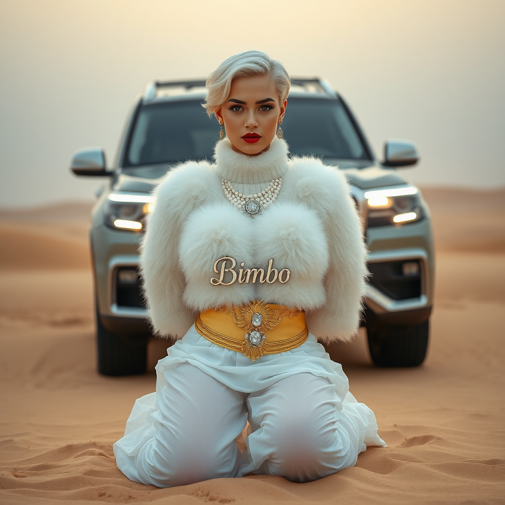 Kuwait desert dunes misty dawn, full size luxury SUV: Melissa, European 17 years old very convincing femboy “trophy-bimbo”, tamed servile docile, very beautiful feminine flawless face, rather short, by hormones very curvaceous womanly figured, platinum blond short tight curls, bold red lips, heavily made-up face, wearing Supertanya-style fluffy very fuzzy bright white angora turtleneck-poncho cropped ending under bust decorated with pearls and gemstones, striking oriental wide gold bridal protection belt, white fully transparent harem pants, full Oriental bridal jewelry including headpiece, nose-ring, coin anklets, striking diamond “Bimbo” letter brooch on left chest, pout frustrated, hands tied behind back, kneeling in sand in front of SUV, looking at camera. Focus on face and turtleneck-poncho.