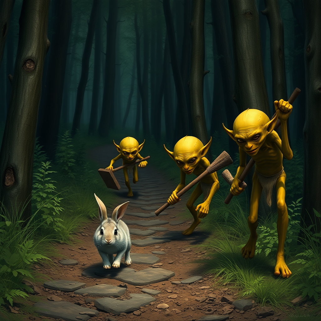 A realistic picture of several skinny, yellow goblins with wooden clubs looking at and chasing after a fleeing bunny along a forest path.