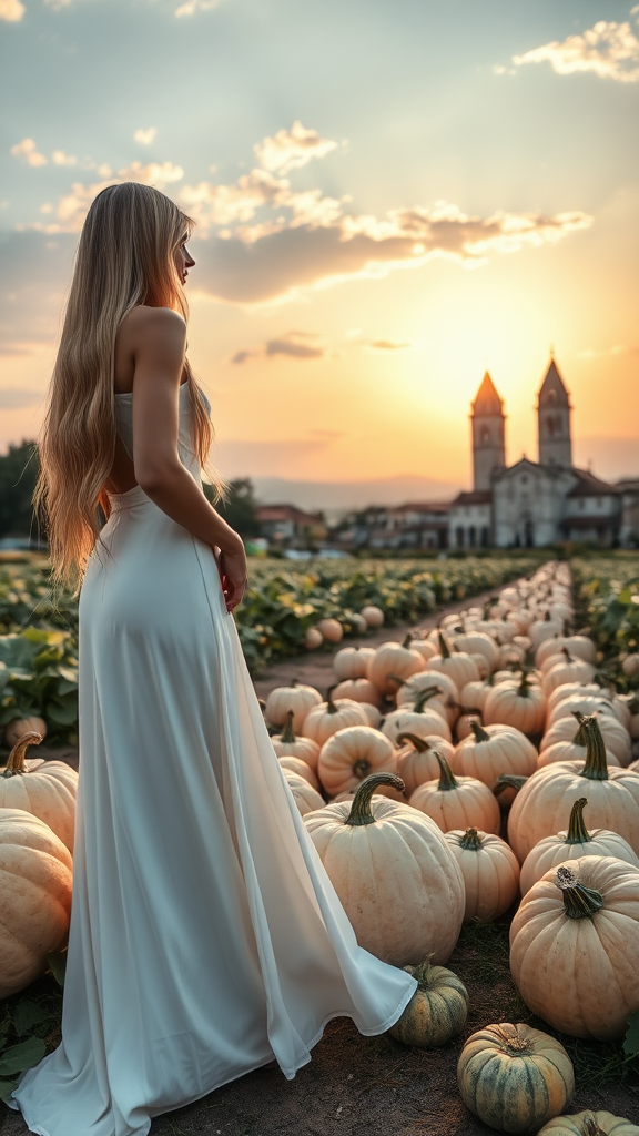 On the left, a beautiful model in a long white dress, long layered blonde hair, wearing 12 cm high heels; in the background, a field of large pumpkins, the Veneto-style village with a church and bell tower, a sunset sky with the sun and clouds, in high definition.