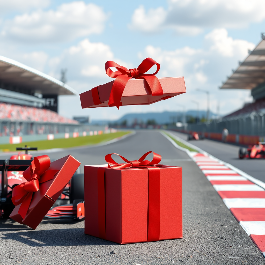 opened gift box in the middle of the f1 race track