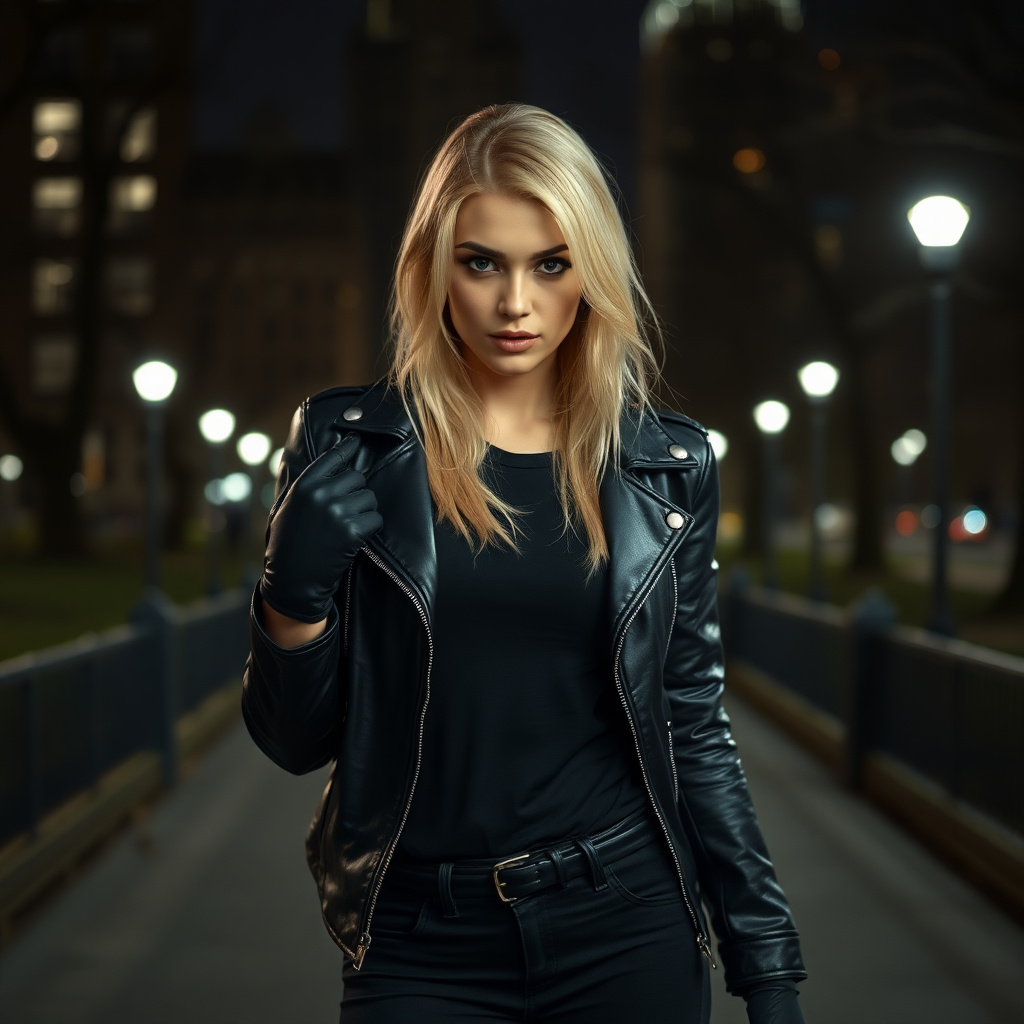 A beautiful blonde badass female burglar in a black leather jacket over a black t-shirt with black pants and gloves in Manhattan park at night.