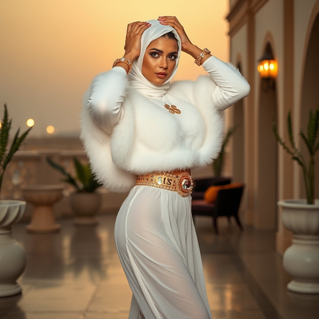 Kuwait desert palace harem patio misty dawn: Melissa, European 17 years old very convincing femboy “trophy-bimbo”, tamed servile docile, very beautiful feminine flawless face, rather short, by hormones very curvaceous womanly figured, heavily made-up eyes, wearing Supertanya-style fluffy very fuzzy bright white angora turtleneck-poncho cropped ending under bust decorated with pearls and gemstones, striking oriental wide gold bridal protection belt, white fully transparent harem pants, full Oriental bridal jewelry, face covered by white sheer full Burka, coin anklets, striking diamond “$$$” letter brooch on left chest, pout frustrated, seductively dancingfor the sheik, hands high over her head, looking at camera. Full side view.