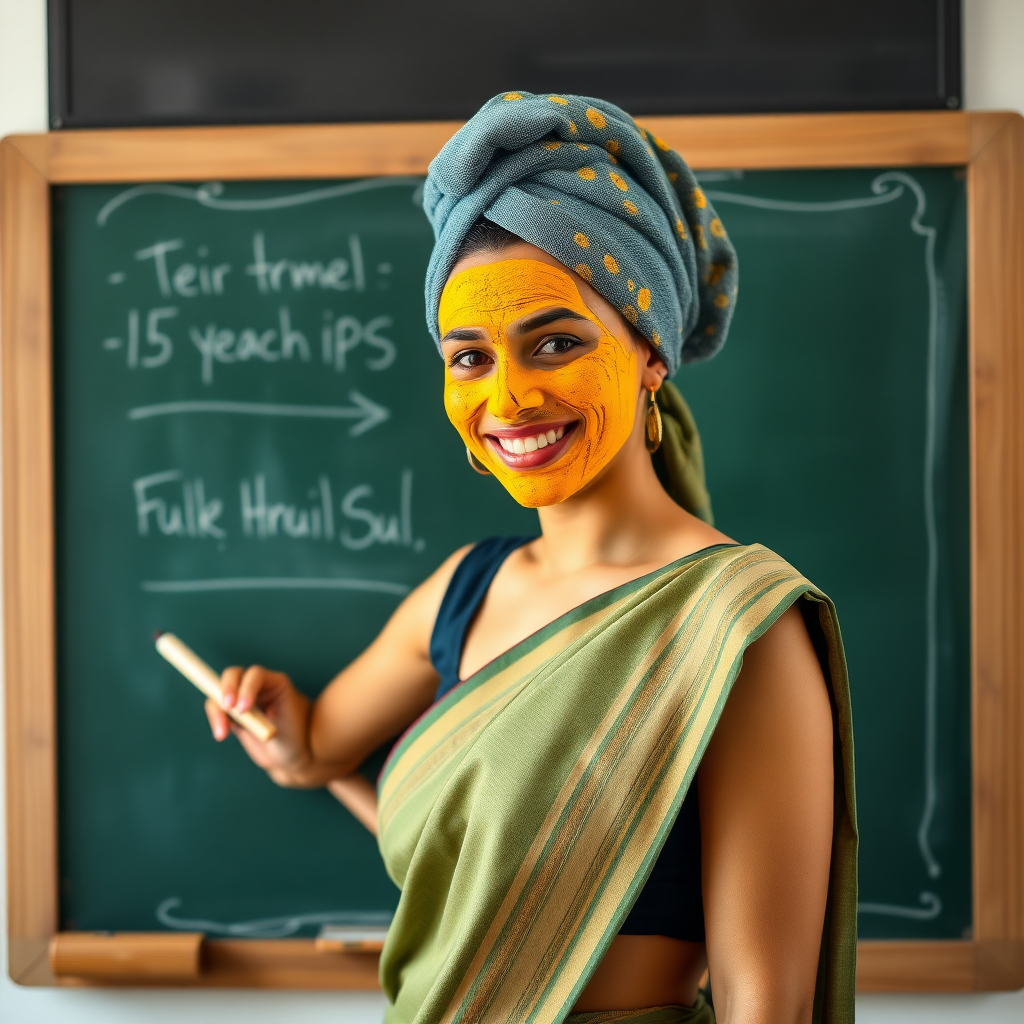 slim, 30 year old, sexy, french female school teacher, saree, towel head, turmeric face mask. She is smiling and teaching on a blackboard