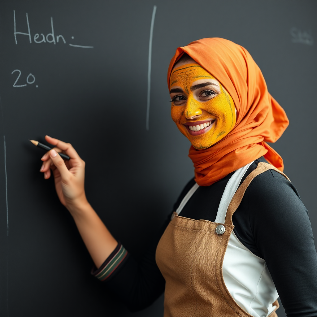 slim, 30 year old, sexy, french maid, short scarf head, turmeric face pack. She is smiling and teaching on a blackboard