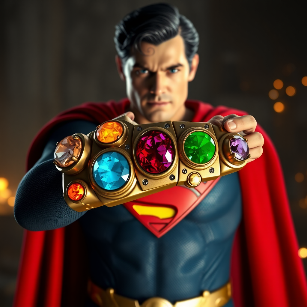 Superman wears the infinity gauntlet with 5 infinity stones. Cinematic Real3d photo-realistic quality.