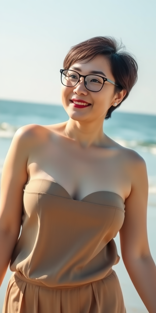 A Chinese woman, wearing glasses, with short hair, gentle and generous, slightly plump, with full thighs and a full bottom, A cup size, sunshine, beach, ocean, full-body picture.