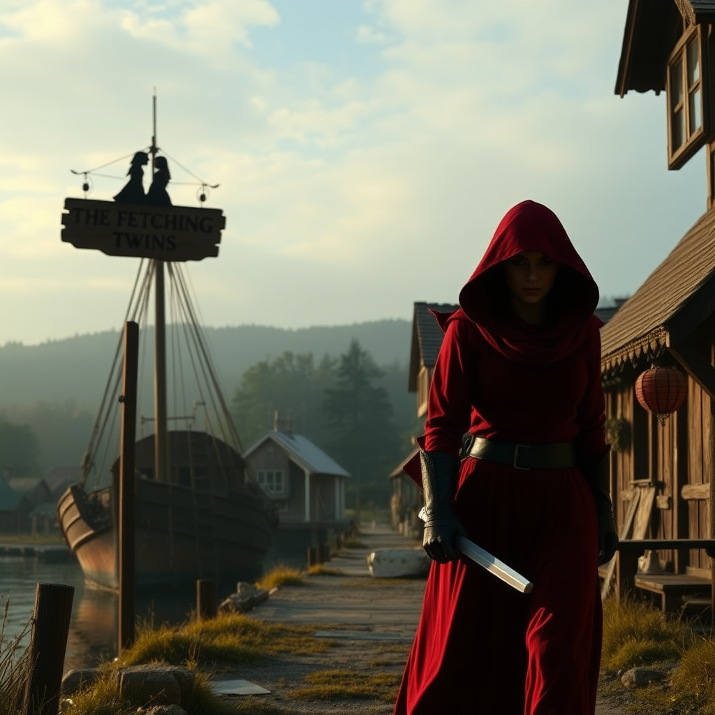 A wide distance shot of a shadowy female thief dressed in red, in a pastoral fantasy town. manse in the background. she is fleeing from someone. bar called "The Fetching Twins" wooden sign (consisting of a silhouette of two women leaning together for a kiss). Village of Dryden, dock with a run down ship.