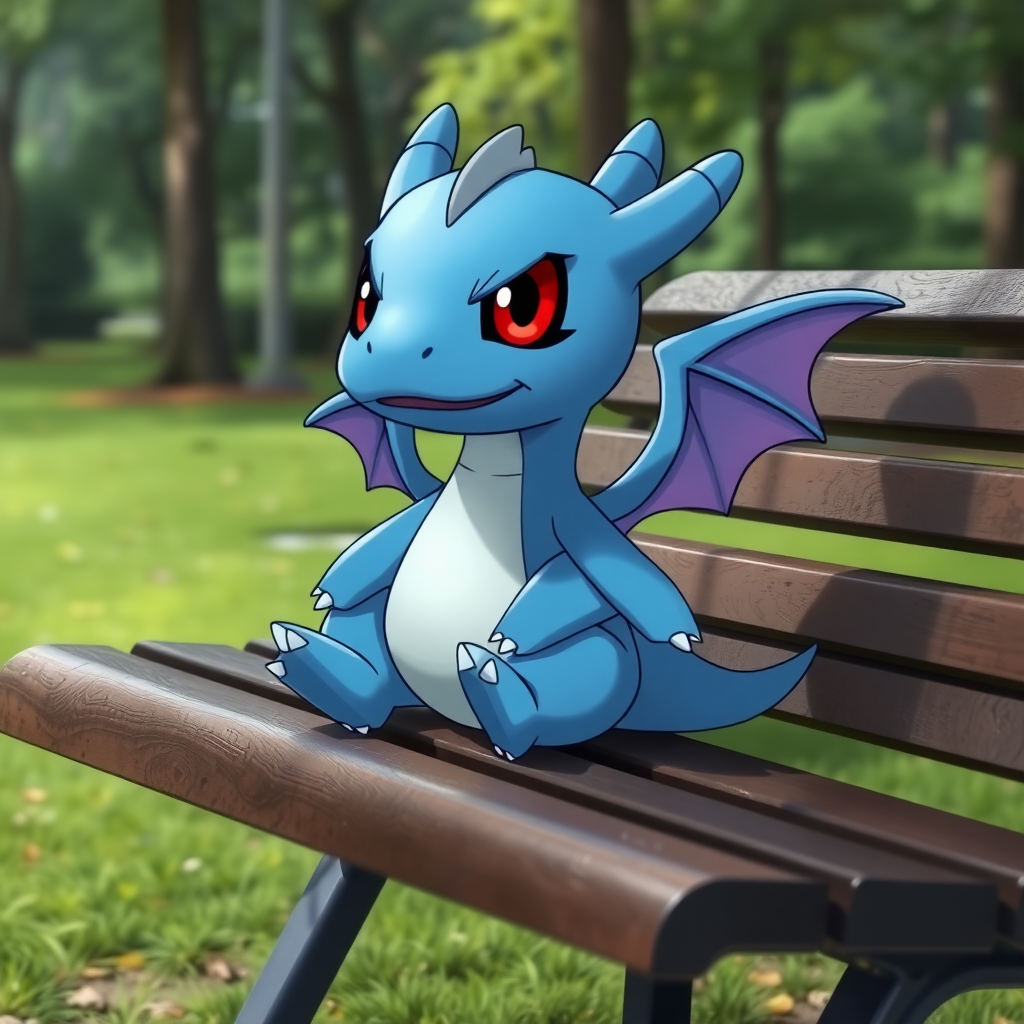 A anime blue small dragon with two legs, two arms, black angry eyes with red pupils and wings sitting on a bench in a park