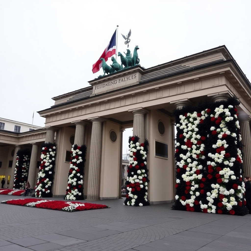 The entire Brandenburg Gate is decorated with black, white, and red flowers, and a flag is waving on the gate.