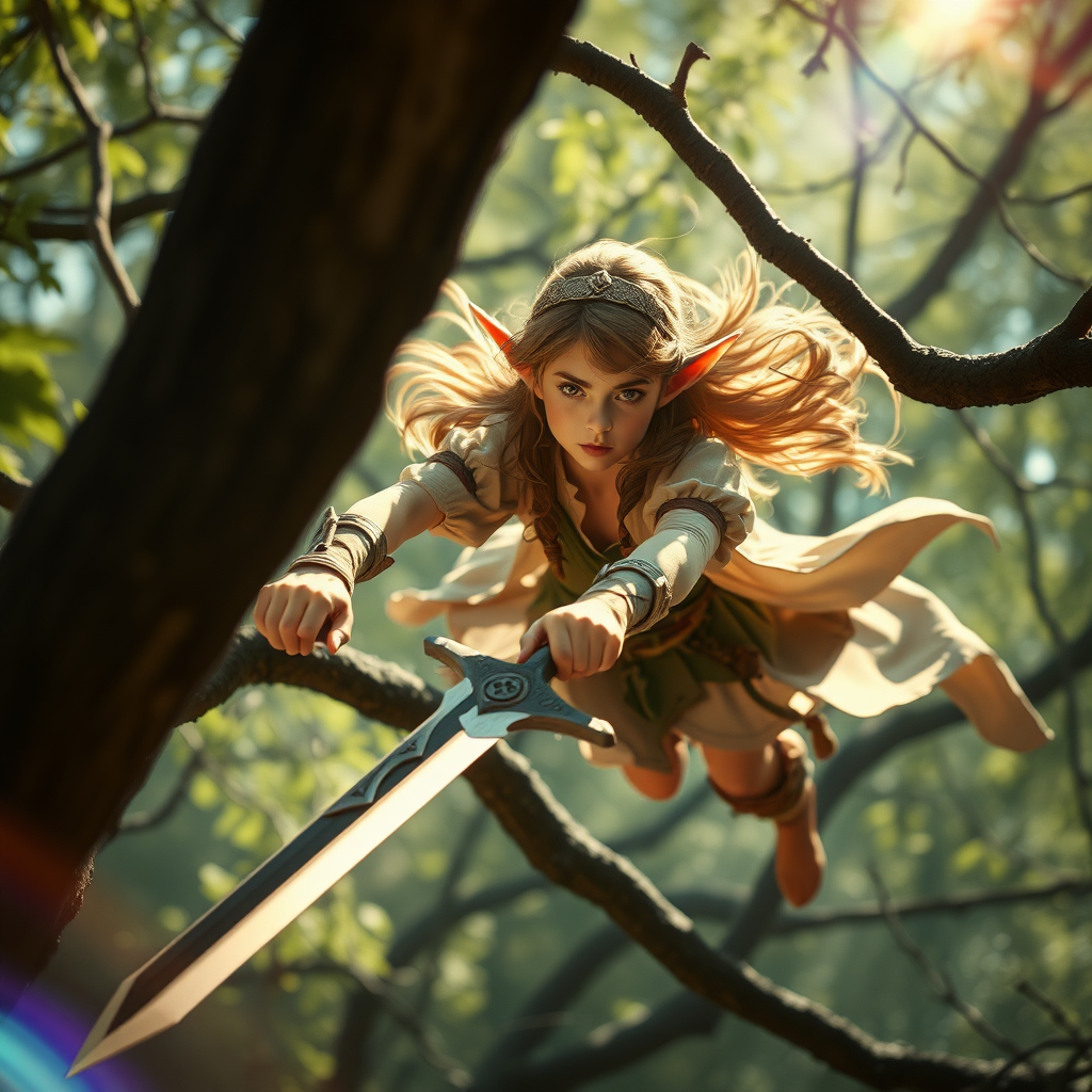 A twenty-something elf girl like (Deedlit from Record of Lodoss war), a character come to life. Flying through tree branches, sword in hand. Photo-real, film grain, lens flare, chromatic aberration.