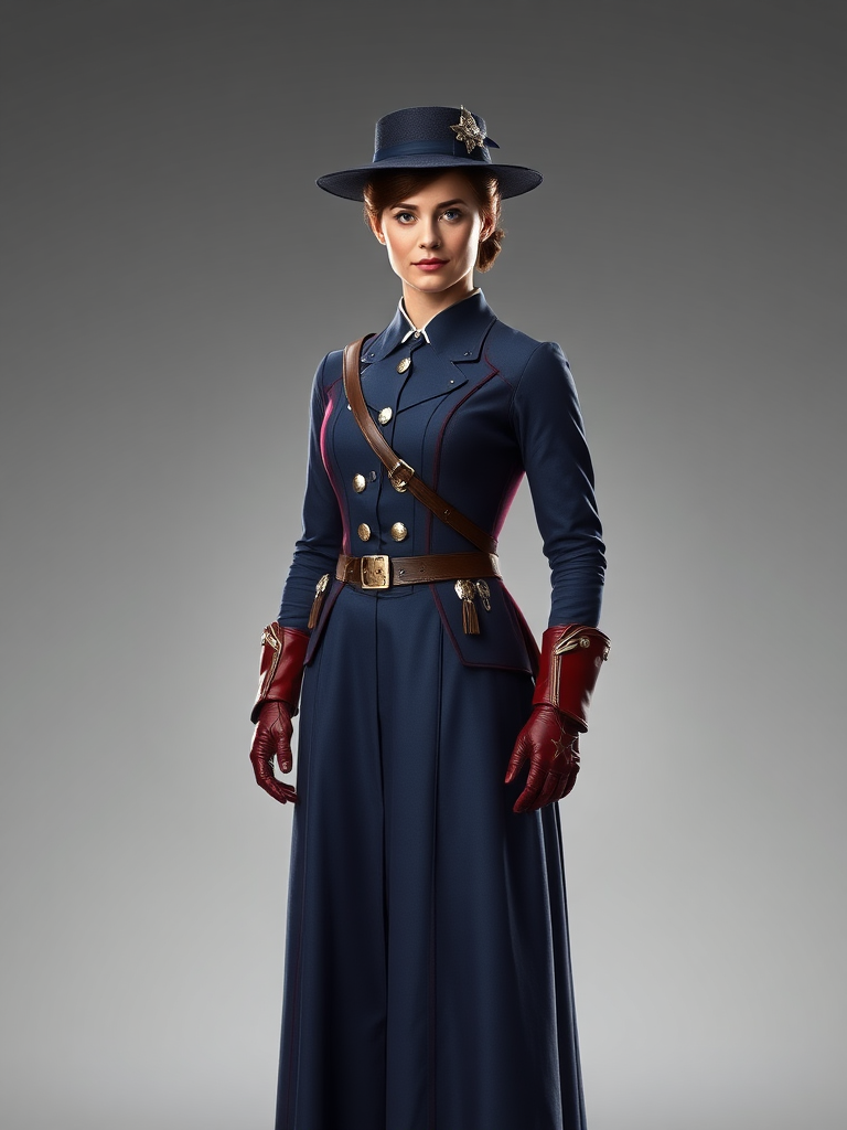 Create a full-length rendered image of Mary Poppins, using Steve Rogers' male figure for the body. Retain Mary Poppins' head, hairstyle, and facial features. Incorporate her iconic costume while adding embellishments inspired by Captain America's uniform. Adjust the costume to fit Steve Rogers' proportions. Design a background that harmoniously combines elements from both characters, emphasizing their unique worlds and styles. Ensure the image captures the whimsical charm of Mary Poppins alongside the heroic essence of Steve Rogers, merging their characteristics into a cohesive and striking new portrayal.