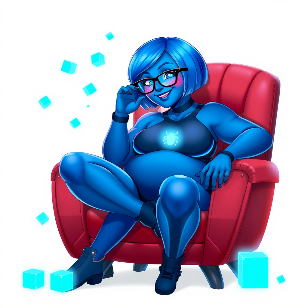 A heavily, extremely, and intensely pampered nerdy full-figured maximum blue skinned digital sidekick, a 28-year-old computer major, has been transformed by her doting vigilante boyfriend. Her striking blue skin and bob cut seamlessly integrate with her data, and her neon blue eyes glow with intelligence. Her physique, now showcasing a gargantuan round midsection, massive limbs, and broad shoulders, contrasted by a slim face, clearly reflects her indulgence and pampering. Her full figure is prominently highlighted, with her gargantuan, rounded midsection and massive limbs emphasizing her pampered status. As the loyal and supportive sidekick, she plays a crucial role in their missions, using her digital prowess to assist and protect.

She wears a digital, computerized maximum blue bodysuit blending with her hair and skin, featuring a glowing neon blue beetle chest icon and matching high-tech gloves. She bashfully giggles with a neon red blush, emitting neon blue data cubes from her body. Her full figure, now even more plump and heavily emphasized by her nerdy appearance, clearly shows how pampered she is. Her nerdiness is accentuated by her black oversized eyeglasses.

Her outfit, influenced by DC’s Jennifer Knight Phantom Lady, remains distinct. Adding to her pampering, she serves as his minicomputer, traveling in his high-tech wristwatch and supercar’s computer system. Using her ability to hack into computers and machines, she relays crucial knowledge relating to his missions.

In her new pose, she sits comfortably on a plush, high-tech chair with one leg crossed over the other, her oversized glasses slightly askew as she adjusts them with a bashful smile. Her relaxed posture and content expression, combined with the glowing data cubes around her, clearly reflect her status as a heavily pampered, nerdy digital sidekick. Her gargantuan, rounded midsection and massive limbs are prominently displayed, emphasizing her indulgence and pampering while maintaining her nerdy physique. She is on a solid white background. She is drawn as if she was in a retro 2D cyberpunk fighting game. Ensure her skin tone is distinct from Inside Out's Sadness and any other character.