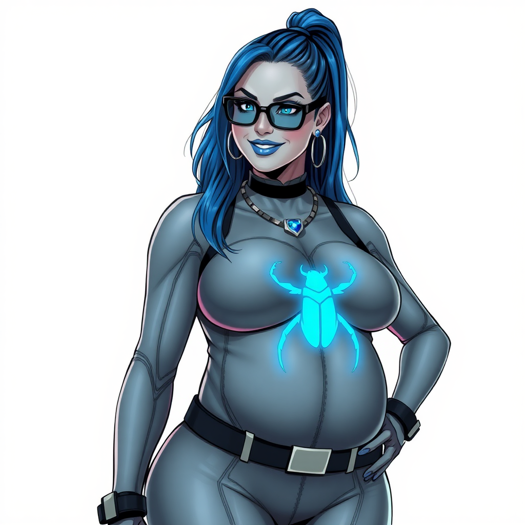 A cyberpunk vigilante’s full-figure middle gray metallic skinned computer program hybrid 28-year-old digital sidekick and loyal girlfriend. She has a long maximum blue ponytail and middle gray metallic skin that blends with her outfit appearing to merge together into computer data. She wears maximum blue lipstick, blue eyes, a sapphire beetle gemstone necklace, sapphire earrings, black eyeglasses, and an oversized, digital, computerized, middle gray bodysuit featuring a neon blue glowing beetle chest icon that accentuates her prominently, round, gargantuan midsection. She sports a beaming smile with a neon red blush. She serves as his minicomputer operating in his hi-tech wristwatch and supercar's onboard computer using her ability to hack into machines and computer to relay vital mission information. The background is solid white. She is drawn as if she was in a retro 2D cyberpunk fighting game. Her midsection is bloated to emphasize her figure. Make the middle gray distinct from any other character.