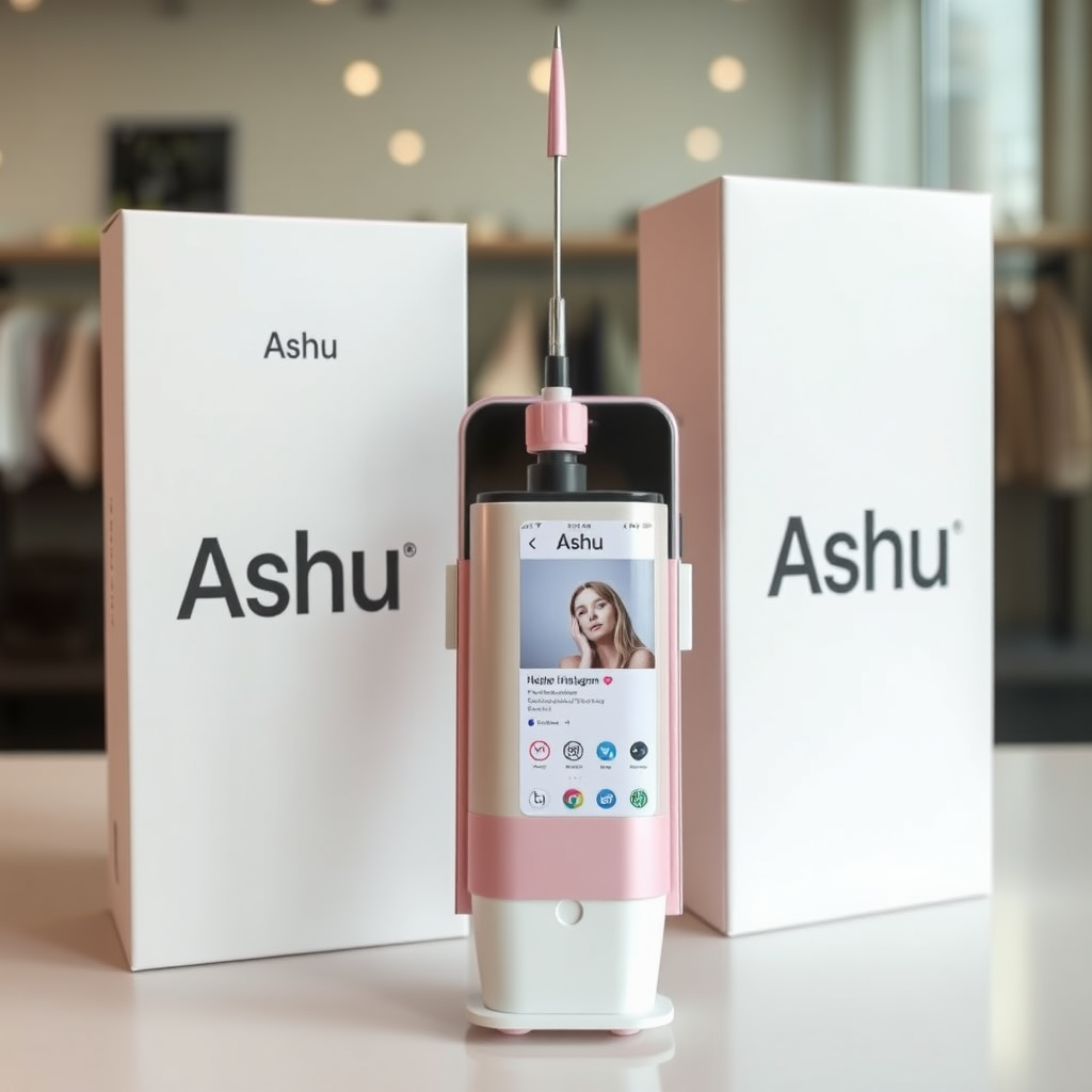 A close-up straight front view of a mobile phone in the shape inspired by a syringe, white pink futuristic, kept for sale leaning to a box with text Ashu and minimal design, in showroom, metallic body, touchscreen phone with Instagram page open on screen, needle on top, whitepunk.