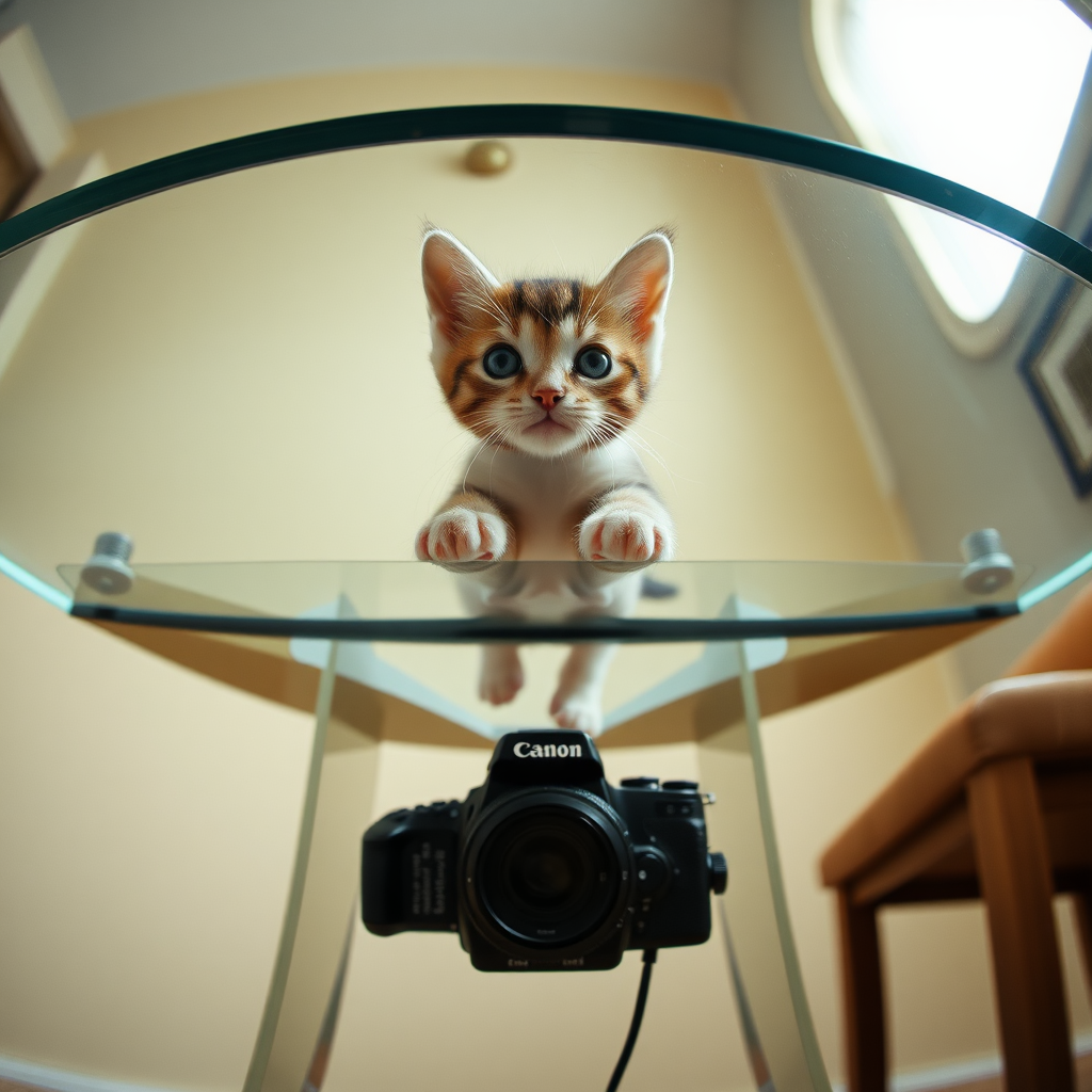 The camera is positioned directly underneath the transparent dining table, shooting vertically upward through the table. A cute little kitten is walking on top of the table, and the pads of its four paws are clearly visible.