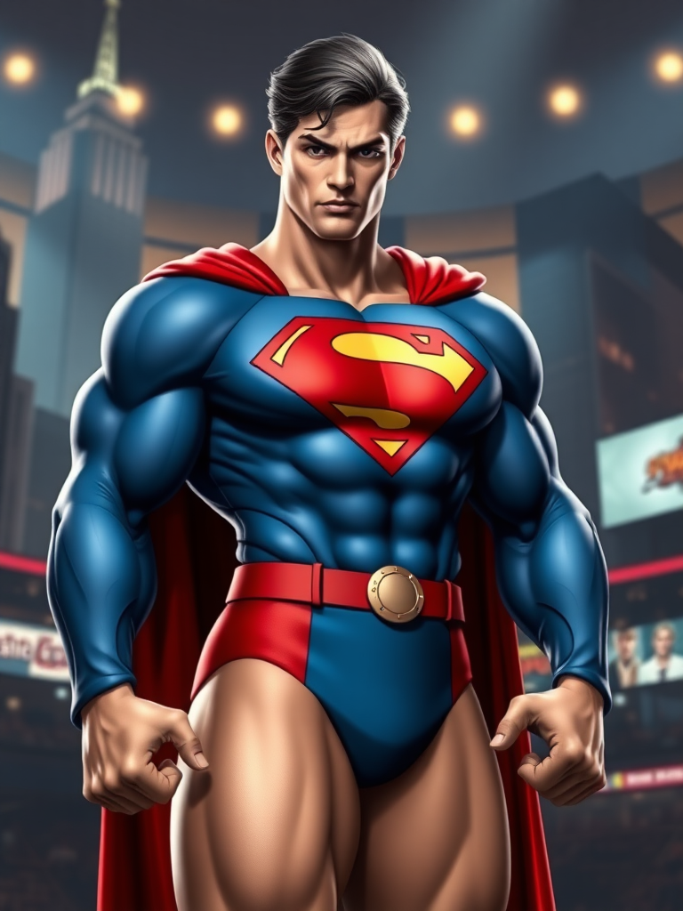 Superman, with the head and face of the traditional Superman, but the body of Cammy from Street Fighter. Emphasize the muscular torso, strong shoulders, and defined legs. Retain the Superman costume, but incorporate the red and blue color scheme of Cammy's outfit. Add a small, stylized "S" logo on her belt. The background should be a blend of Metropolis and a Street Fighter arena, featuring iconic elements from both. The lighting should be dramatic, highlighting the character's physique.