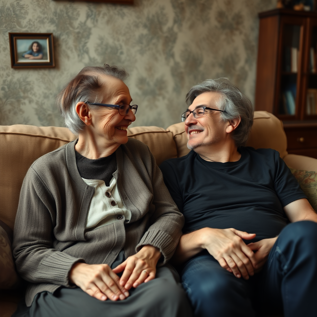 In a scene viewed from an angle and slightly above: In an old-fashioned English living room, a very frail, small and thin, very old and elderly English lady with a kind smile, short, thinning white curly hair, wrinkled face, neck and skin, wearing thin framed glasses, an old cardigan, blouse and long skirt is sitting on a sofa with an English man about 40 years old, grey stubble on his chin, brown hair, sitting close next to her on the same sofa, wearing a black T-shirt and dark blue jeans. The man and woman are smiling at each other. The woman is looking at the man's eyes and smiling. The man is looking at the woman's eyes and smiling.