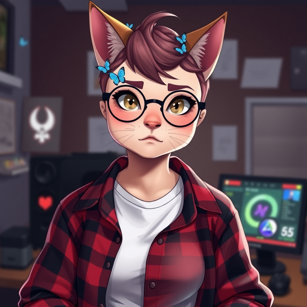 female lesbian cat-man flat chest serious chestnut color with small blue butterflies on the head, a round face, with a mauve undercut hairstyle, hazel eyes, dimples on the cheeks, chubby cheeks, wearing semi-round glasses, a red and black plaid open shirt with a white t-shirt, in front of a desk with a gaming PC, in digital art