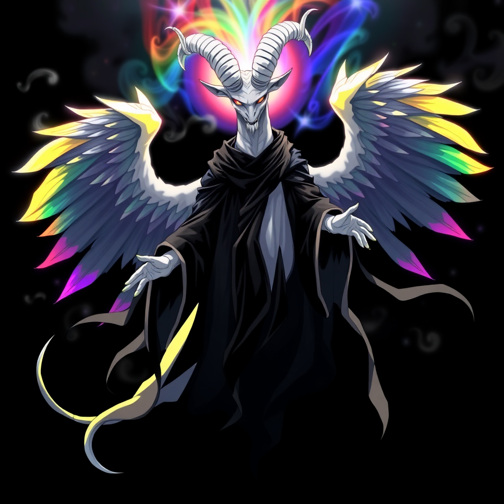 In an anime-styled artwork set against a deep black background, a towering humanoid figure reminiscent of a tall, white reptilian goat god commands attention. Its striking rainbow-colored eyes shimmer with an ethereal light, framed by two majestic white goat horns that curve elegantly from its head. Draped in flowing black and white robes that ripple like smoke, the figure exudes an air of mystique and power. Surrounding its form is a chaotic, radiant aura that shifts through the colors of the rainbow, creating a mesmerizing spectacle.

Three magnificent angelic wings, each a vibrant blend of rainbow hues, unfurl gracefully from its back, their feathers shimmering with an otherworldly glow. With hands outstretched as if inviting connection, the figure floats serenely in the void, its gaze locking onto the viewer with an intense, otherworldly presence that captivates and wraths (Demiurge).