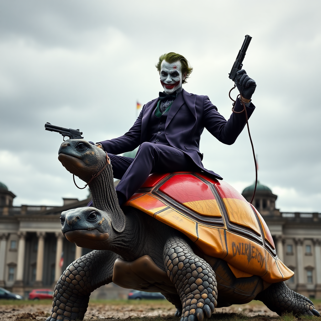 A photorealistic image of the Joker, wearing a dark purple suit with a black shirt, riding on the back of a large turtle. The Joker holds the reins of a bridle in his right hand, while in his left hand he holds a pistol. The turtle's shell is painted in the colors of the German flag (black, red, and yellow). In the background, the German Bundestag building can be seen, with its recognizable dome and grand architecture under a cloudy sky. The scene combines a surreal and whimsical mood with a hint of menace in Joker's expression.