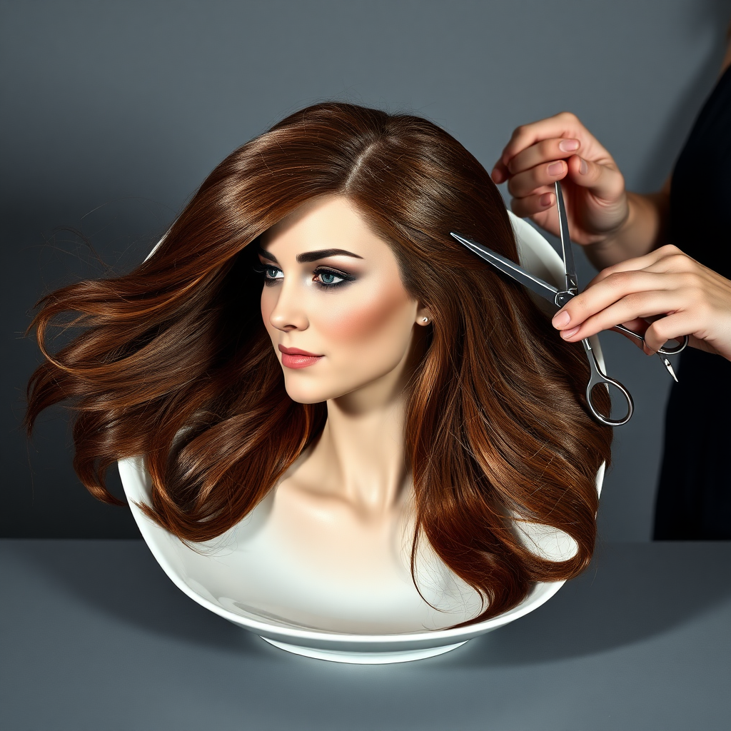 In a strikingly surreal scene, a beautifully crafted porcelain plate holds the disembodied head of a graceful Kate Middleton, her long, flowing hair cascading around like a luxurious waterfall of silky strands, shimmering in various shades of deep chestnut. Each hair seems to catch the light, creating an almost ethereal glow. Nearby, a meticulous hairdresser, dressed in a sleek black apron, carefully snips away at Kate's locks with precision scissors, their actions fluid and deliberate, emphasizing the delicate artistry of the moment.

The setting boasts minimalist decor, with a plain gray background that heightens the focus on this bizarre tableau. Soft shadows play across the smooth surface of the plate, enhancing the haunting beauty of Kate's serene expression, which conveys both elegance and an uncanny sense of stillness. The atmosphere is a blend of surreal calm and unsettling intrigue, pulling the viewer into a dreamlike space where reality and imagination intertwine. Gentle noises of scissors softly clipping away hair are the only sounds in this peculiar yet captivating scenario, heightening the tension and drawing viewers into this striking juxtaposition of beauty and the bizarre.