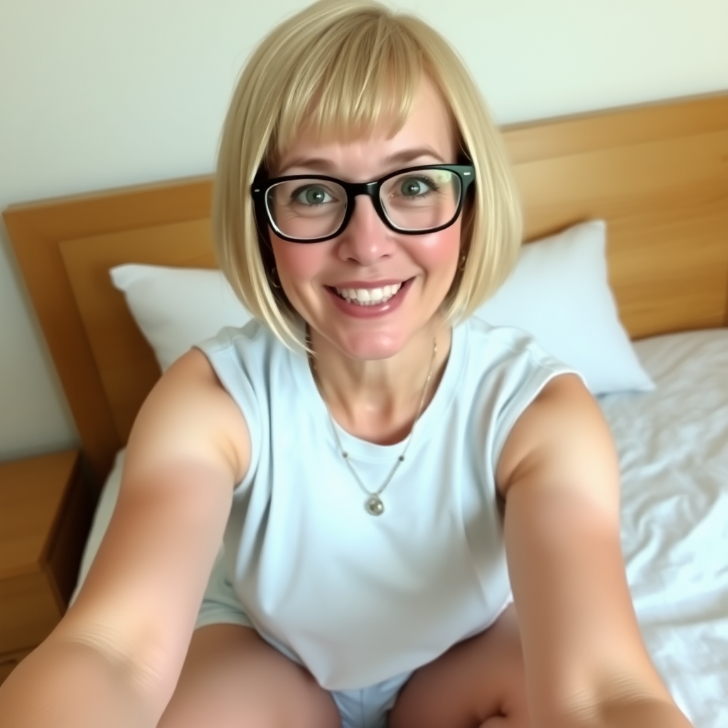 Woman, One, 40 Years old, British, Pale skin, White skin, Large chest, Thick thighs, Busty thighs, Wide jaw, Sharp nose, Horny face, Happy face, Open mouth, Blonde hair, Bobcut, Short hair, Straight hair, Brown eye color, thin Glasses, Cotton shorts, Sleeveless t-shirt, necklace, Bed, Motherly, amateur selfie