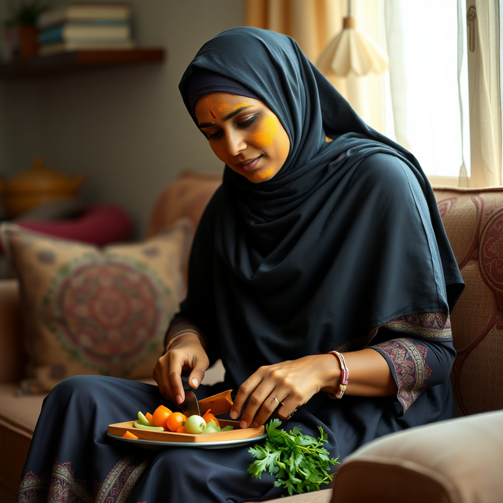 slim, 30 year old, indian maid with hijab, turmeric paste on her face. she is sitting on a sofa and cutting vegetables