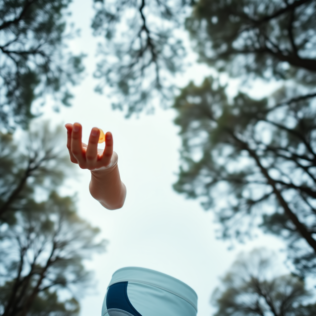 Photo full body low angle shot athletic Xiaomeimei holds her arm outstretched, looking at something resting on her palm. Above her are the tops of trees. Negative: bad anatomy.