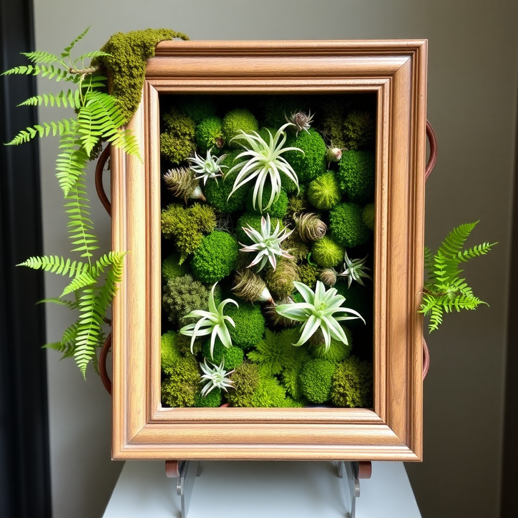 A picture frame is filled with ferns, moss, and air plants.