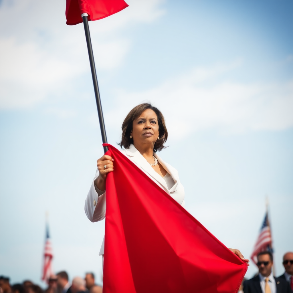 Kamala Harris holding red flag.