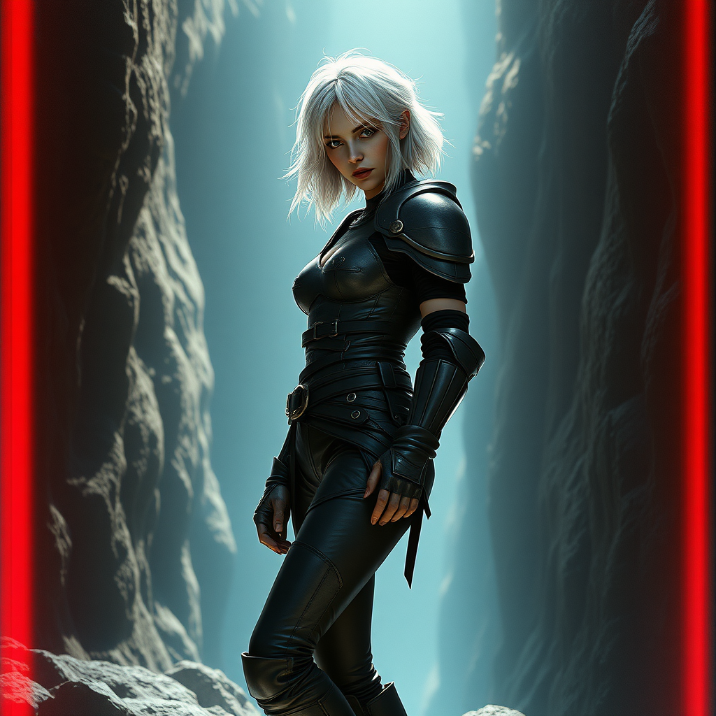 A female like (Ana de Armas). Messy shoulder length white hair. Leather armor, high heel ankle boots. Chasm in Ultima Underworld. Photorealistic digital matte painting, highly detailed, film grain, lens flare, chromatic aberration.