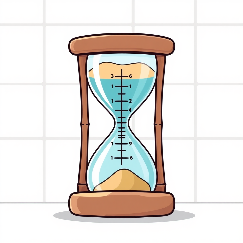 A cartoon style image of a water saving shower timer hourglass but instead for a shower it's for using the toilet and taking a dump.