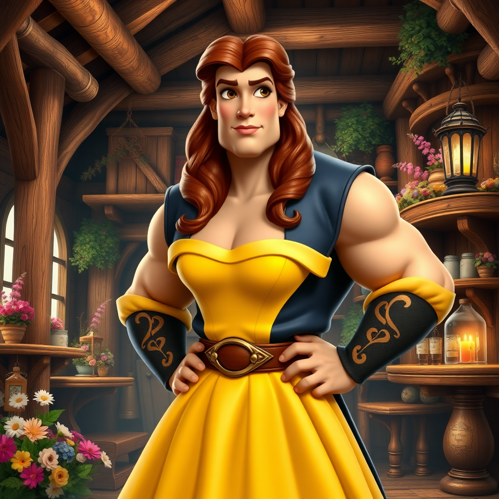 Create a full-length photorealistic image of a mashup character featuring Belle's head and hairstyle on Gaston’s muscular body. Retain Belle’s facial features and iconic yellow gown, adjusted to fit Gaston’s physique. The background should combine elements of Belle’s vibrant village and Gaston’s rustic tavern, showcasing wooden beams, flowers, and enchanted objects. Highlight the contrast between the enchanted world and Gaston’s rugged charm, creating a dynamic scene that brings both characters to life while emphasizing their distinctive traits.