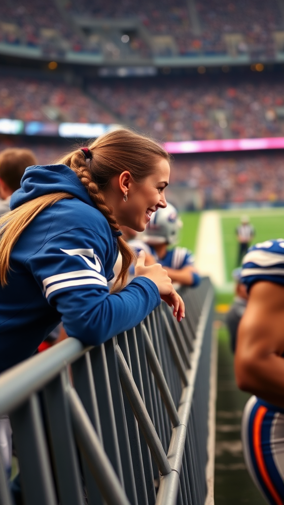 Attractive female NFL fan, pigtail hair, leaning forward over front row stadium barriers, fangirling over a player who's on the field.