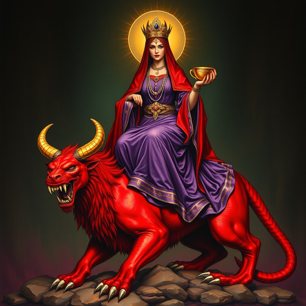 A woman sitting on a scarlet beast that has seven heads and ten horns. The woman is dressed in purple and scarlet, and adorned with gold and precious stones and pearls. She holds in her hand a golden cup full of abominations and the impurities of her sexual immorality.