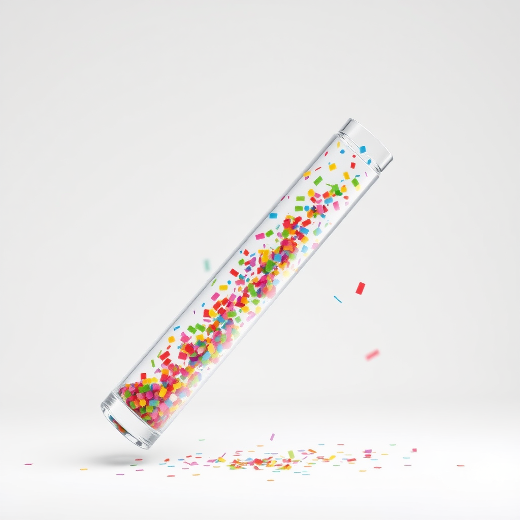 long vertical glass tube full of colorful confetti, white background, realistic, beautiful