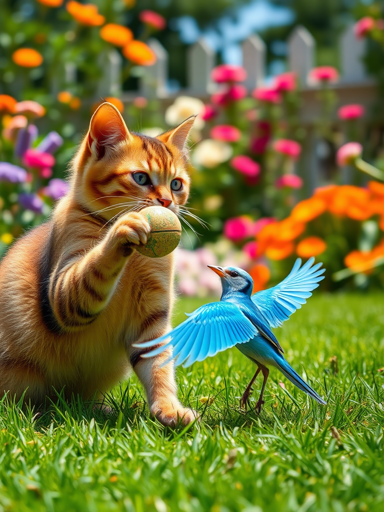 A realistic 4K scene of a Brown Cat playfully batting a ball around in a sunny garden, inviting a cheerful Blue Bird to join in the fun. The garden is vibrant with colorful flowers and green grass, capturing the playful interaction between the cat and the bird.