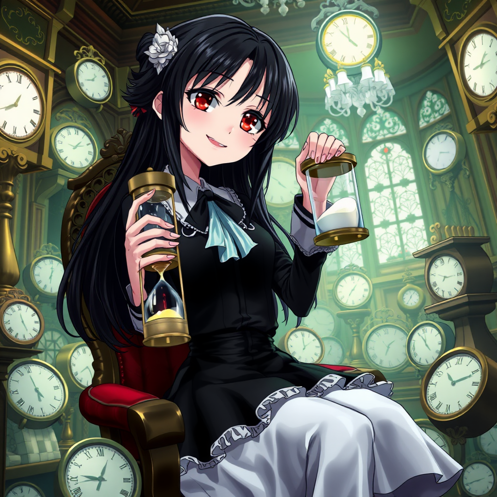 An anime girl with black hair and red eyes is carrying an hourglass. She has a smile like a villain and pale skin like a vampire. The girl is sitting on a chair in a noble mansion. Inside the room, there are many other clocks surrounding her.