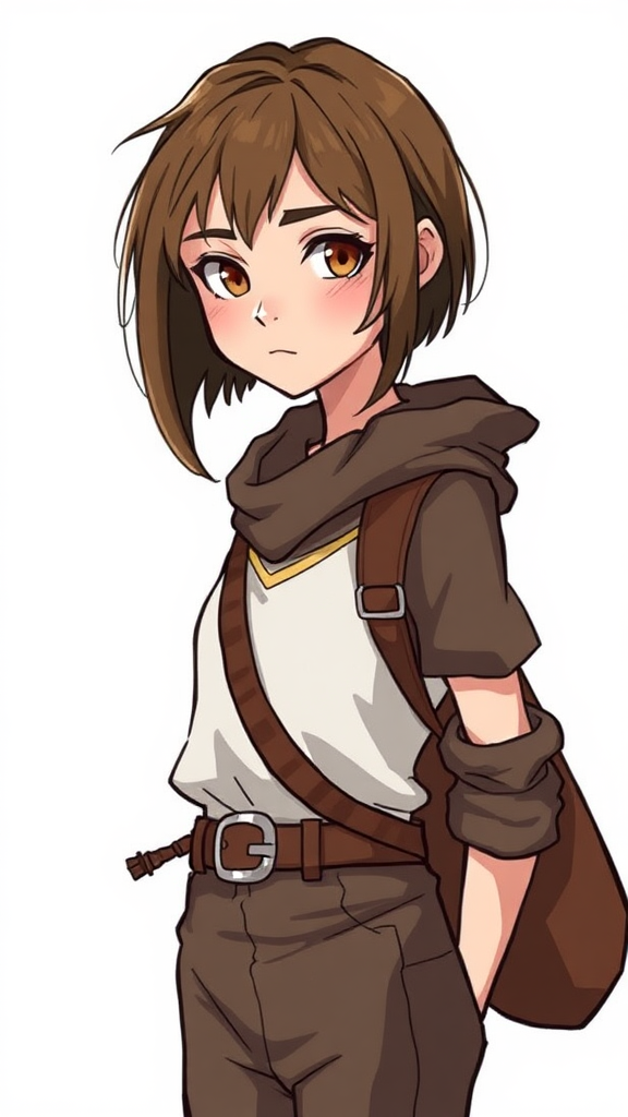 1 girl, boy clothes, female, earth tones, interesting, D&D, (tomboy, lesbian, sissyboy:1.2), original design, epic, barbarian, (model, teen, Dakota Tyler:1.2), professional design, (personalmi style:1.2), (traditional animation:1.2), (expert composition), ((masterpiece)), amber eyes, brunette, (thicker lines, hand-drawn:1.2), short hair, hand-drawn art, RPG character art, digital art, stunning, detailed, cartoon illustration, highest quality, high resolution, ((lord of rings)), perfect face, (skinny, thin, flat, slender:1.2), (3/4 body shot:1.2), white background, realistic