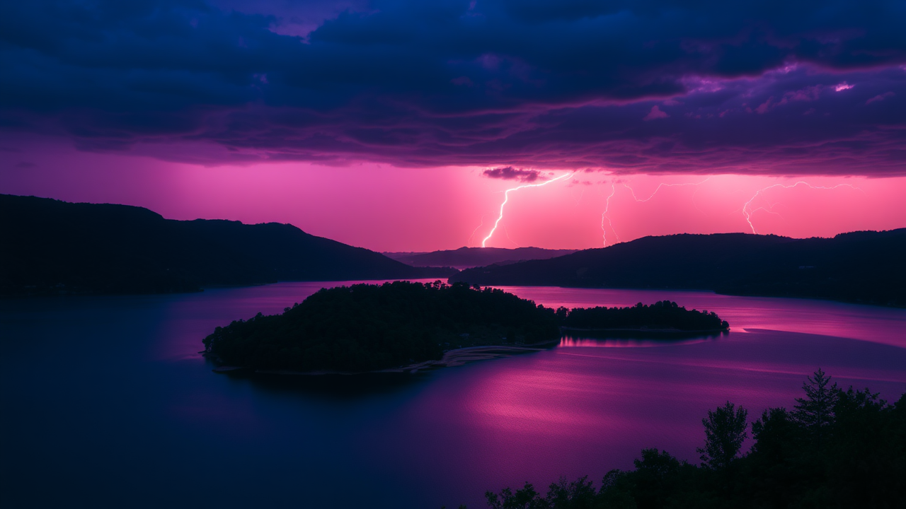 photo, lakes, nature, purple sky, lightning