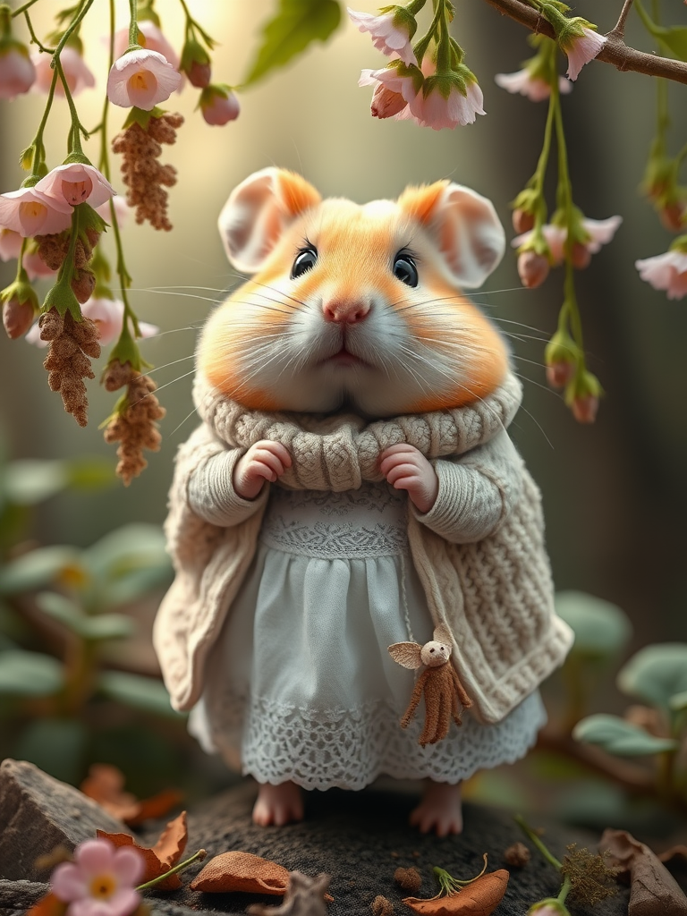 cute hamster wearing white dress with lace and embroidery, cardigan and knit scarf, hanging herbs, flowers, forest scene, in the style of photograph, mori kei, 32k uhd