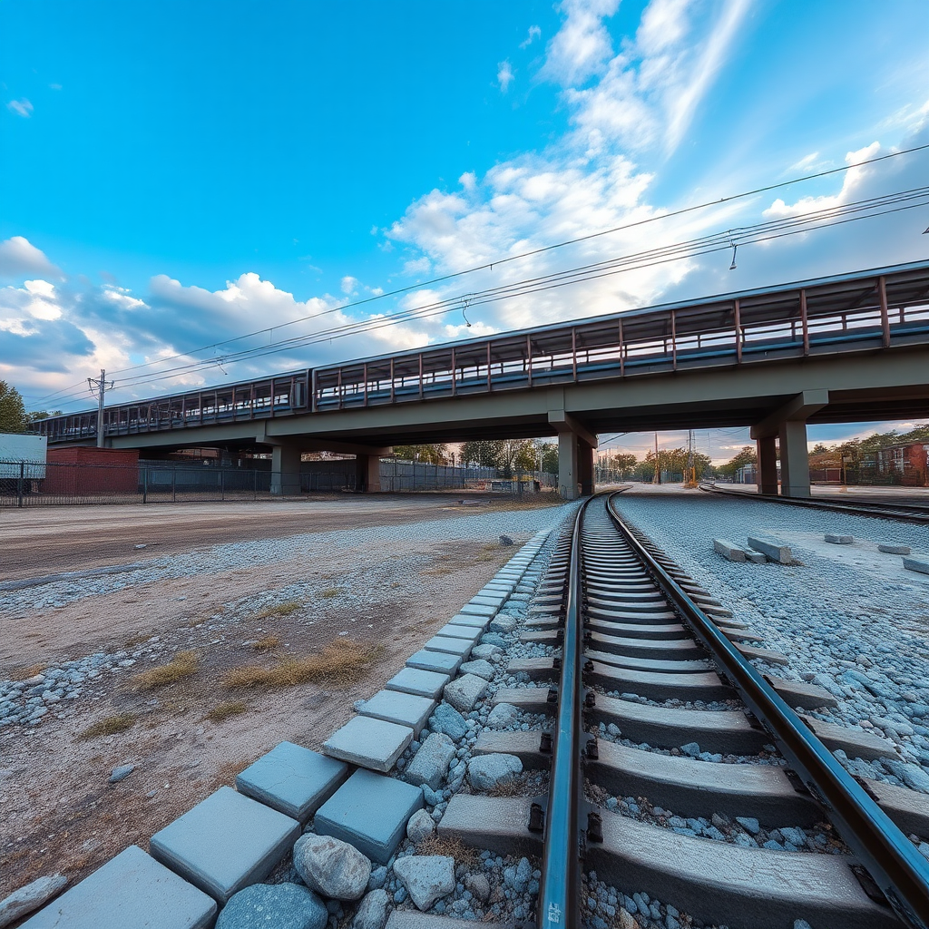 Create an image for me with the sky, a vacant lot, elevated train tracks on stones, side view, profile view.