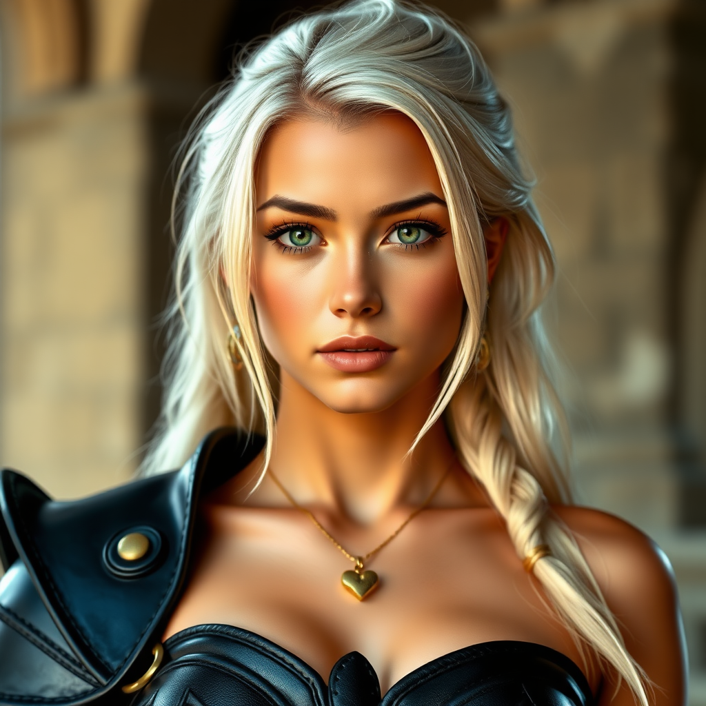 Portrait of a beautiful young platinum blonde woman with green eyes, a suntan, light brown eyebrows, and large breasts. She is wearing black leather armor and a gold necklace with a small heart pendant.