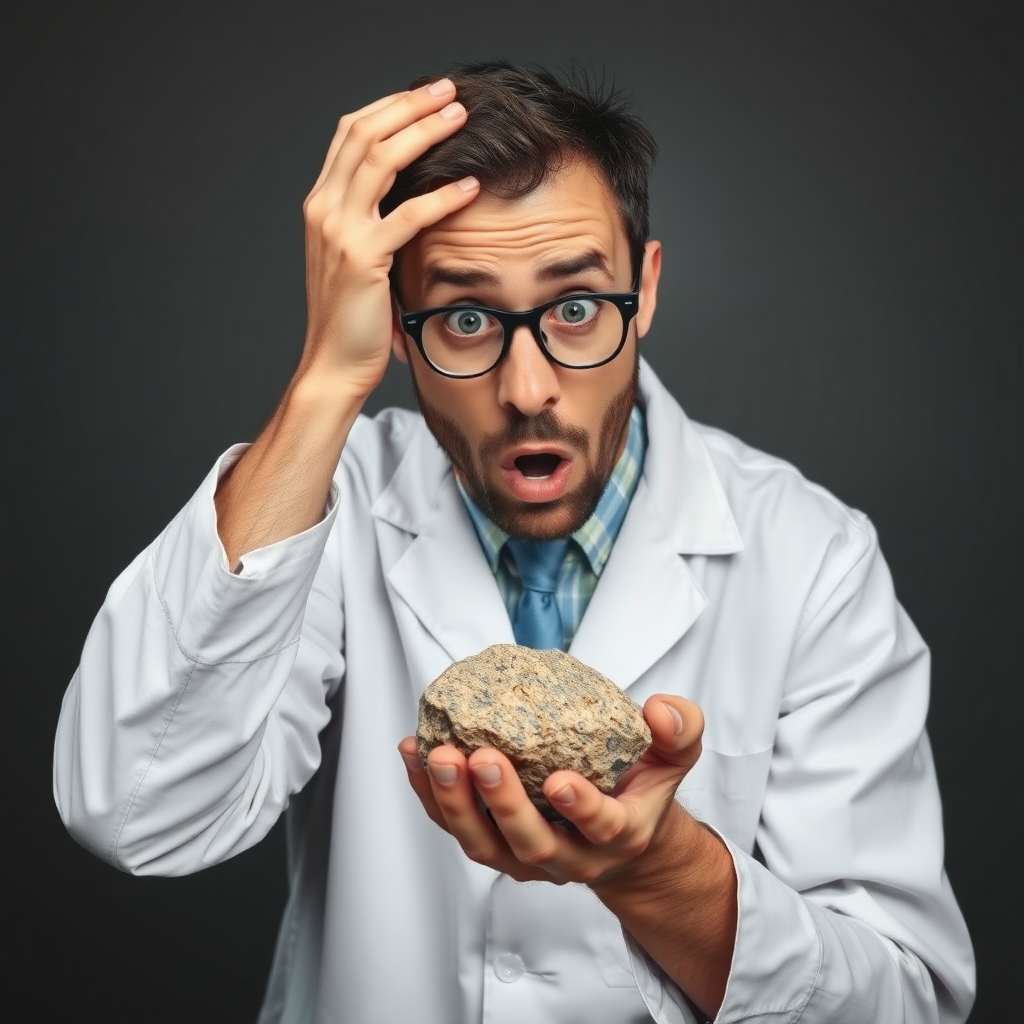 a very surprised scientist looking a normal rock in his hand very curiously and overreacting, showing utter astonishment, with the other hand on his head