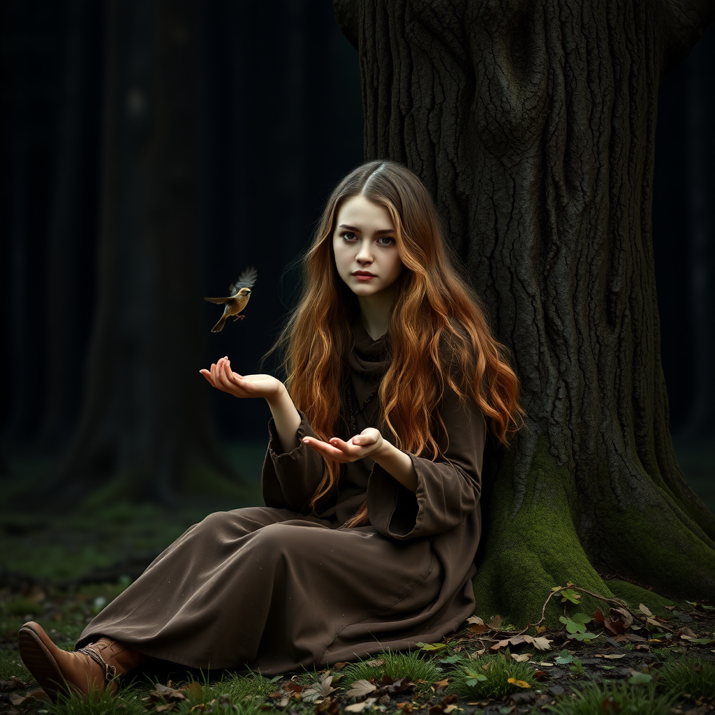 In a fantasy world. A young human druid around 18 years old is sitting at the foot of a tree, her light brown hair cascading down her back. The young woman resembles Luna Lovegood, the character from Harry Potter. She holds a small bird in the palm of her hand. The background is a rather dark forest, photorealistic, high definition.