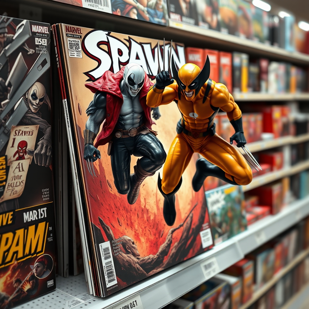 Jumping out of a Comic book cover on a store shelf is Spawn and Wolverine in Cinematic Real3D photo-realistic quality.