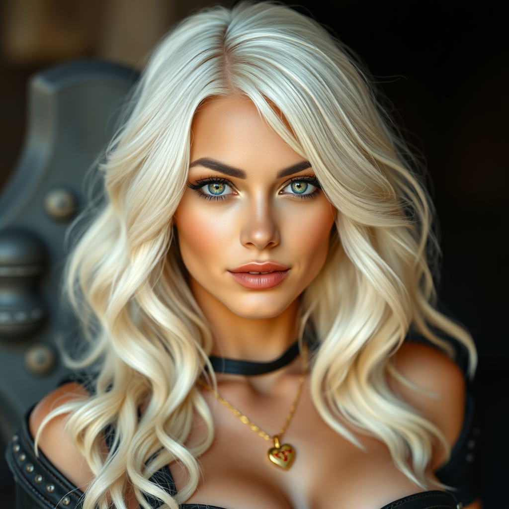 Portrait of a beautiful young woman with long wavy platinum blonde hair, green eyes, a suntan, large breasts, and light brown eyebrows. She is wearing black leather armor and a gold necklace with a small heart pendant.